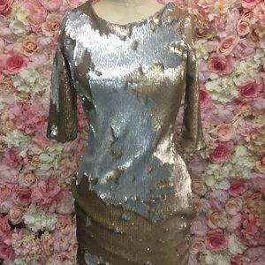 Gold sequence cocktail dress by Ximena Valero